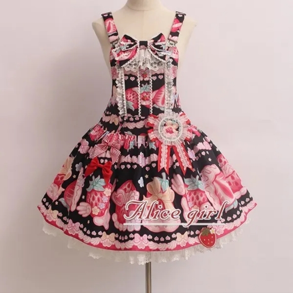Alice girl Dresses & Skirts - Alice Girl Cream Strawberry Sweet Lolita Salopettes Dress SZ S